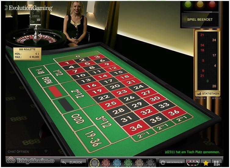So sieht der reguläre Roulette Tisch des 888 Live Casinos aus